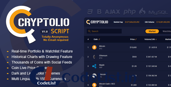 Cryptolio – Realtime Cryptocurrency Market Prices, Charts, Portfolio