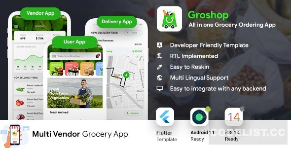 GroShop v1.0.0 – Grocery Flutter App Template | 3 Apps | User App + Seller App + Delivery App