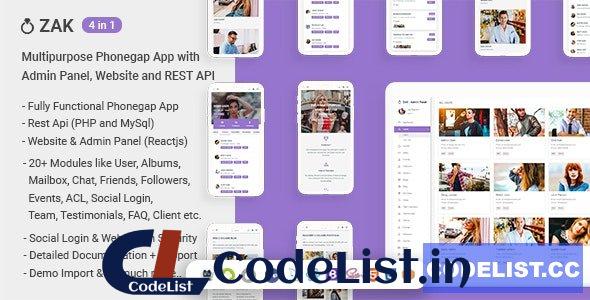 Zak v1.1 – (4 in 1) Multipurpose Phonegap App with Admin Panel, Website and REST API