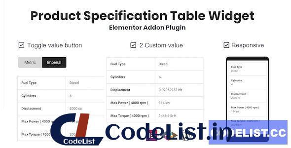 Product Specification Table Widget For Elementor v1.0