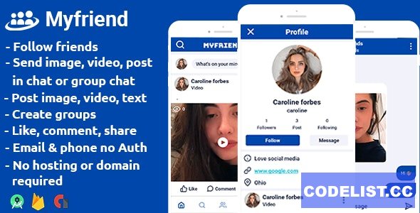 Myfriend v1.3 – friends posts groups chat follow social networking app android studio + firebase + admob