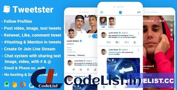 Tweetster v1.0 – Twitter clone social network app Follow Chat Tweet Live android studio