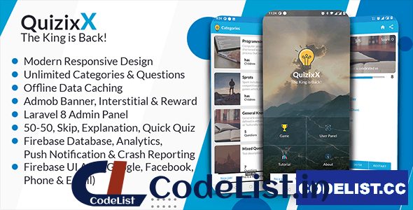 Quizix vX – Android Quiz App with AdMob, FCM Push Notification, Offline Data Caching