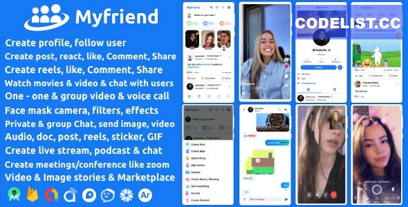 Myfriend v3.1 – Friend Chat Post Tiktok Follow Radio Group ecommerce Zoom Live clone social network app