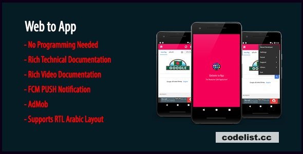 Web to App v1.9 – Native Universal Android WebView App with AdMob & Firebase PUSH Notification