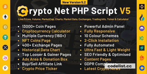 Crypto Net v5.5 – CoinMarketCap, Prices, Chart, Exchanges, Crypto Tracker, Calculator & Ticker PHP Script