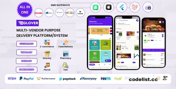 Glover v1.7.10 – Grocery, Food, Pharmacy Courier & Service Provider + Backend + Driver & Vendor app – nulled