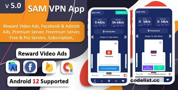 SAM VPN App v5.0 – Secure VPN and Fast Servers VPN | Reward Video Ads | Subscription | Admob & FB Ads