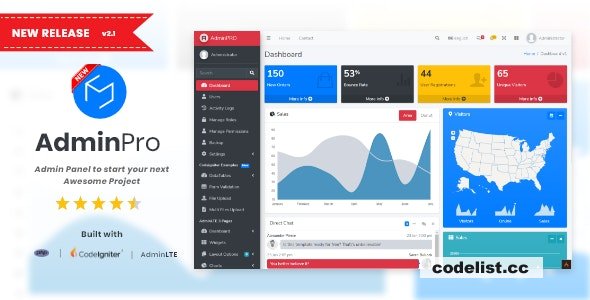 AdminPro v2.1 – Login + Multi User Management + Codeigniter + Roles & Permission + Bootstrap 4 + AdminLTE