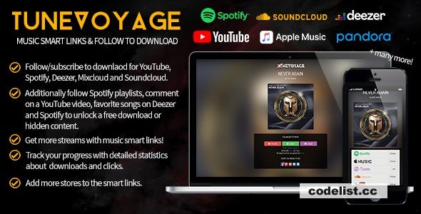 TuneVoyage v1.7 – Smart Links & Follow To Download (Spotify/YouTube/Deezer/Soundcloud/Mixcloud)