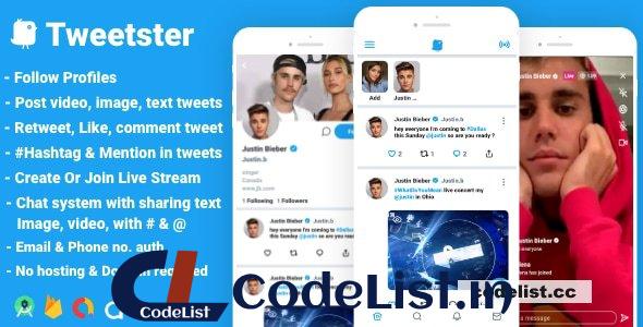 Tweetster – Twitter clone social network app Follow Chat Tweet Live android studio + firebase +admob